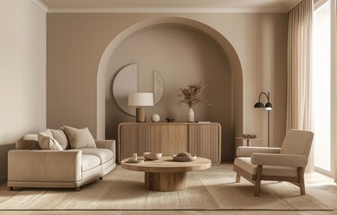 Modern interior design of a living room with a beige sofa, armchair and coffee table near a wooden cabinet against the wall in neutral colors