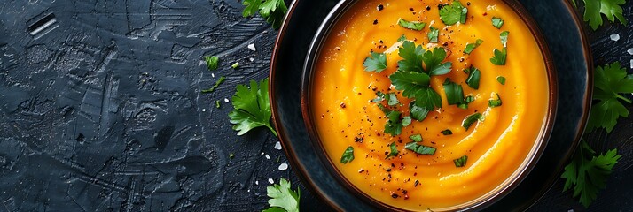 Fresh Carrot ginger soup with coconut milk and cilantro, realistic food banner, top view with copy...