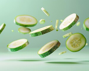 levitating Zucchini, cutted pieces, separated, pastel color background, professional studio photography, hyperrealistic, minimalism, negative space, high detailed, sharp focus