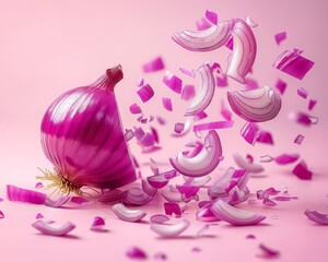 levitating Onion, cutted pieces, separated, pastel color background, professional studio photography, hyperrealistic, minimalism, negative space, high detailed, sharp focus