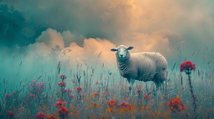 Sheep standing under flowers with a cloudy background, Eid al adha Mubarak, bakra eid mubarak,