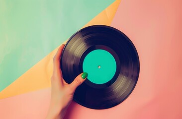 Close up of woman hand with green nail polish holding old vinyl retro record music audio on a pastel colorful background.