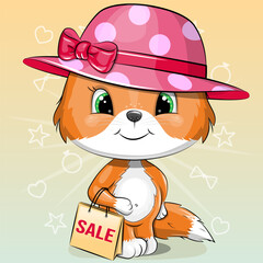 Fototapeta premium A cute cartoon fox in a hat holds a shopping bag. Vector illustration of an animal.