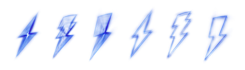 Illuminated lightning logo. A set of lightning bolts with a special glow effect isolated on a transparent background. Vector template