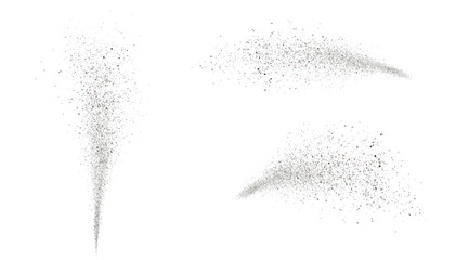 Aerosol small particles effect, explosion of small dust particles, gray glitter on white background, VIP design template. Vector