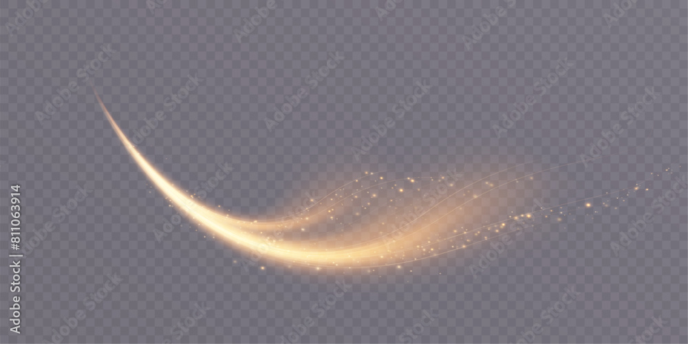 Poster Golden shiny glowing arc effect with magic dust particles effect with special light effect. Light in motion, drawing Vector background in 10 EPS format.