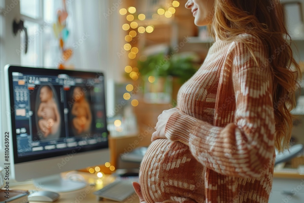 Wall mural A heartwarming moment of a pregnant woman by her computer with ultrasound images, basking in anticipation