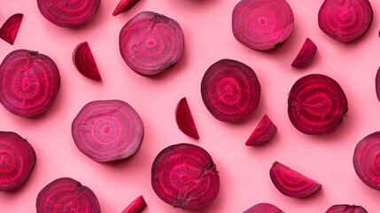 Beet slices and whole, shot from above, making a fun pattern on a bright pastel color background, magazine cover photo