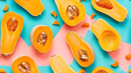 Butternut Squash slices and whole, shot from above, making a fun pattern on a bright pastel color background, magazine cover photo