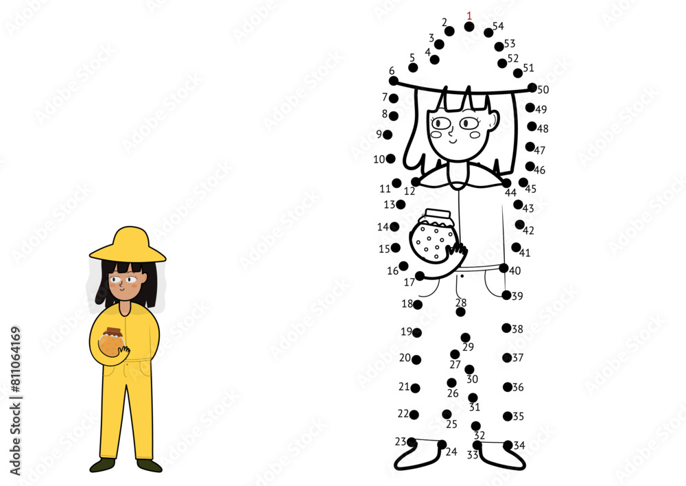 Wall mural dot to dot game for kids. connect the dots and draw a cute beekeeper. farm character puzzle activity