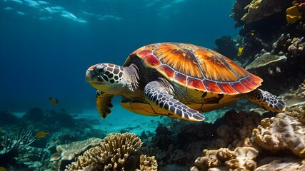 Obraz premium An endangered turtle swimming gracefully through a coral reef, its shell adorned with vibrant hues of red