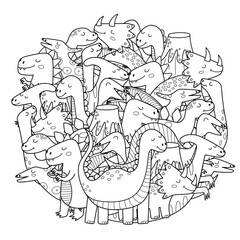 Cute dinosaurs mandala for kids. Doodle dino characters circle shape coloring page. Outline background. Vector illustration
