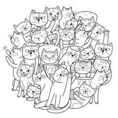 Cute doodle cats mandala for kids. Funny feline characters circle shape coloring page. Outline background. Vector illustration