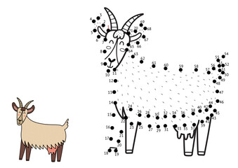 Dot to dot game for kids. Connect the dots and draw a cute goat. Farm animal puzzle activity page. Vector illustration