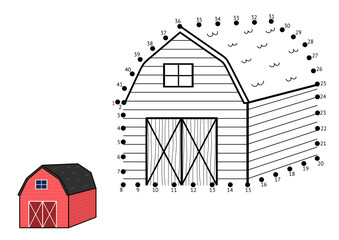Dot to dot game for kids. Connect the dots and draw a barn. Farm puzzle activity page. Vector illustration
