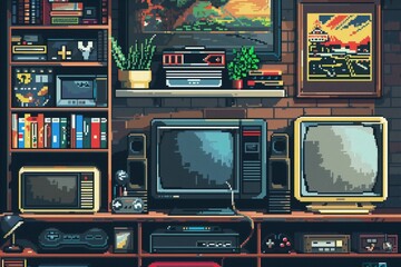  Detailed pixel art of a cozy retro gaming setup with various electronics and houseplants. Pixel art featuring retro video games for nostalgic and gamer themes 