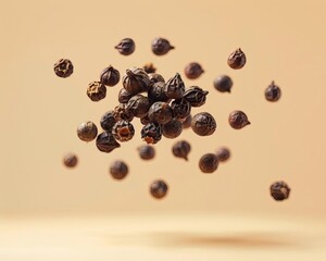 levitating Black Pepper , pastel color background, professional studio photography, hyperrealistic, minimalism, negative space, high detailed, sharp focus