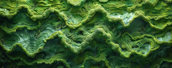 Artistic rendering of moss patterns that mimic an aerial view of lush landscapes, exploring...