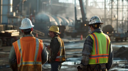 Obraz premium Industrial workers in safety vests and hard hats collaborating on a project, engineer, industrial, safety, construction, factory, building, development, architect, production
