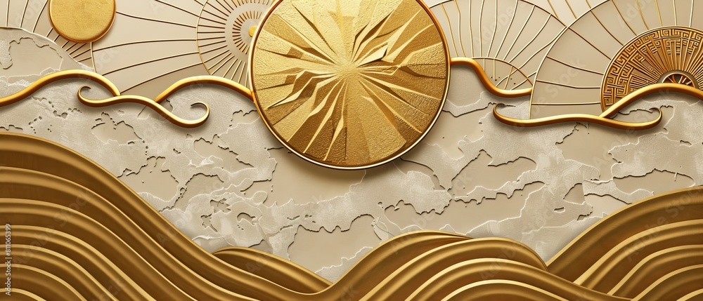 Poster an abstract japanese pattern modern on a gold geometric background with ribbon elements.