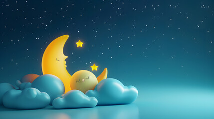 Glowing crescent moon cradling a sleeping star, both nestled among fluffy blue clouds. 