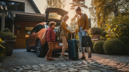 A family is loading luggage into the rear of their vehicle for a leisurely travel, surrounded by trees and plants. AIG41