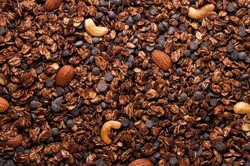 Chocolate granola with nuts background. Top view