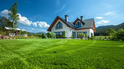 Obraz premium White family house with black pitched roof tiles and lush green front yard in residential area