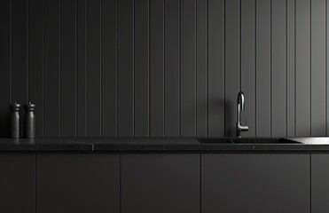 Modern kitchen interior with gray cabinet and sink, copy space concept. Realistic mockup 3d rendering of dark grey wall paneling for house decor design or furniture presentation