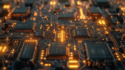 close-up of a green circuit board, a key component in computers, filled with tiny chips and other electronic parts