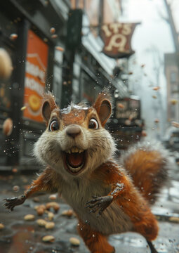 Funny cartoon squirrel meme jumps expressively screaming on a city street