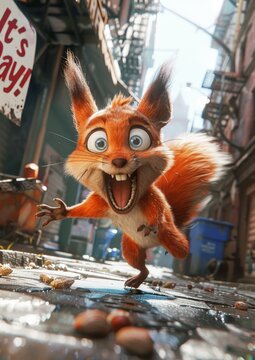 Funny cartoon orange squirrel meme jumps expressively screaming on a city street