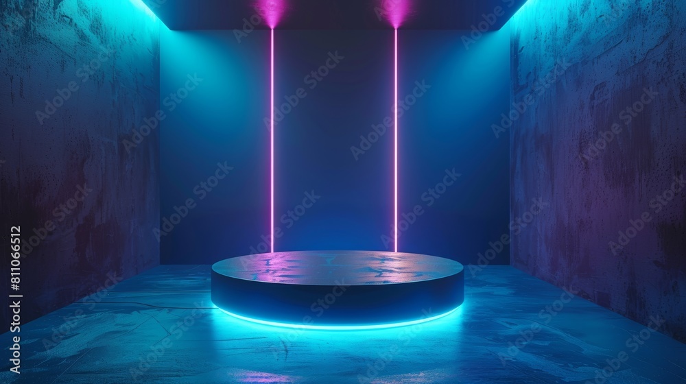Poster glowing neon lighting on an abstract shiny silver cylinder pedestal podium. a futuristic minimal wal