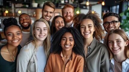 Diverse Professionals Smiling Together, Multicultural people taking group selfie portrait in the office or coffee shop, happy lifestyle and teamwork and friendship concept
