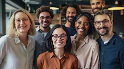 Fototapeta premium Diverse Professionals Smiling Together, Multicultural people taking group selfie portrait in the office or coffee shop, happy lifestyle and teamwork and friendship concept 