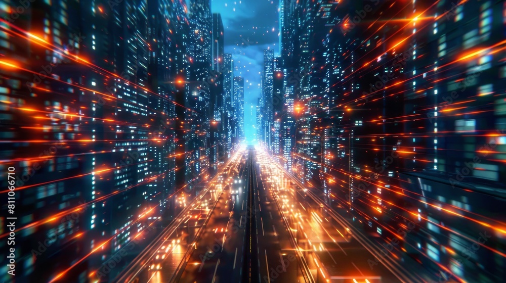 Poster The rendering shows warp speed in a hyper loop with blur light from buildings in a megacity at night. It represents next generation technology, fin tech, big data, 5G fast networks, and machine