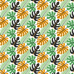 Tropical leaves seamless pattern. Green and yellow abstract jungle leaves repeat on white. Summer vector background design for print, decoration, fabric, card.