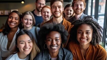 Diverse Professionals Smiling Together, Multicultural people taking group selfie portrait in the office or coffee shop, happy lifestyle and teamwork and friendship concept
