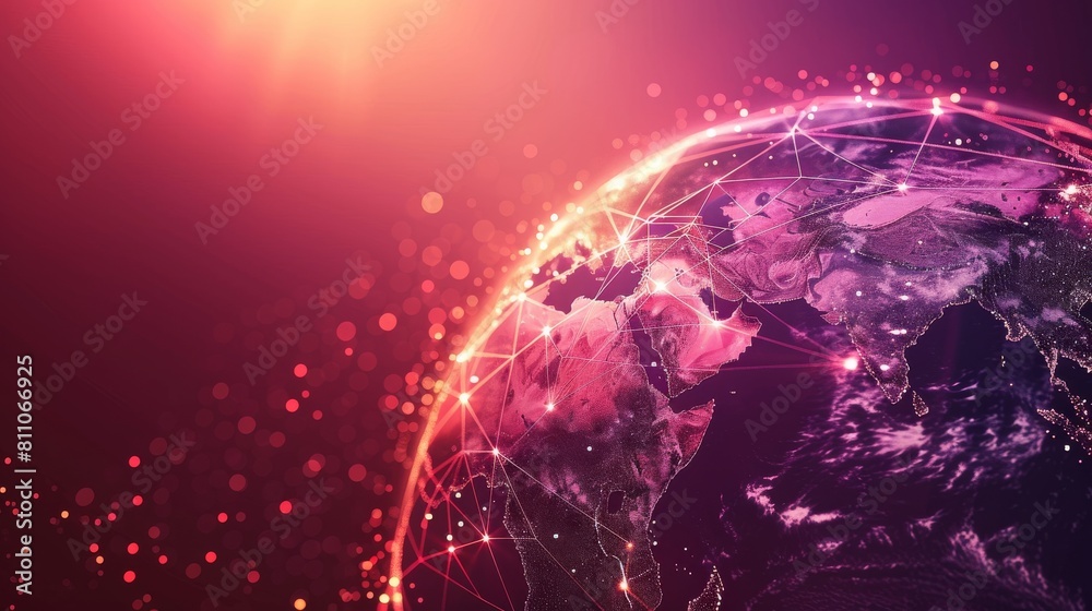 Poster Abstract background with dots and triangles connecting the world, The world is becoming smaller and more connected, Minimalistic Digital Earth Background.