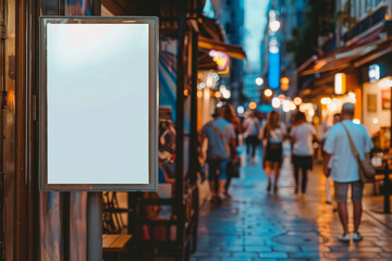 Obraz premium Empty advertising billboard mock-up on a busy street at dusk, ready for your customized marketing content or poster design