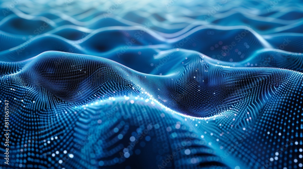 Poster The background is a blue circular shape with a futuristic point wave. Big data. Rendering in 3D. Abstract digital wave with a blue circular shape.