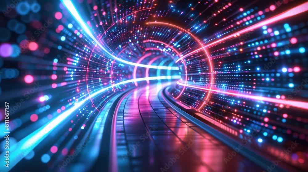 Poster Abstract neon lights into digital technology tunnel. 3D rendering of futuristic technology with lines for network, big data, data center, server, internet, speed.