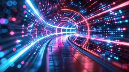 Abstract neon lights into digital technology tunnel. 3D rendering of futuristic technology with lines for network, big data, data center, server, internet, speed.