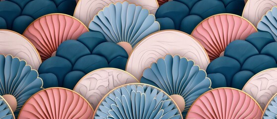 Modern Japanese textile pattern with a geometric background in blue and pink.