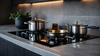 Sophisticated Simplicity, Black Induction Hob Centered on Gray Kitchen Counter