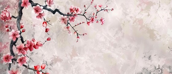 Background with watercolor texture modern. Decorations in Asian style with flowers and branches. Vintage style natural pattern.