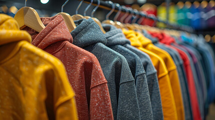 Obraz premium Trendy hoodies and sweatshirts are on hangers in fashion shop.