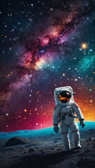 Space Odyssey, Illustration of Astronaut Exploring Vibrant Galactic Background