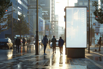 Empty advertising billboard on a wet city street at dusk, awaiting your promotional content, with pedestrians walking by in background