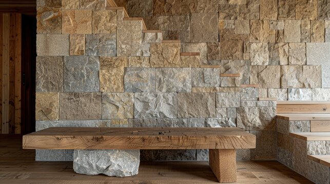 Modern farmhouse rustic console table near stone cladding wall in home entryway interior design